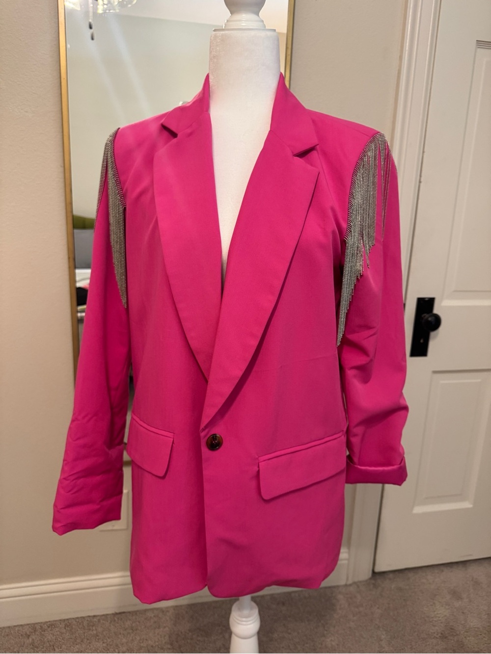 Hot Pink Fringe-Shoulder Women's Blazer